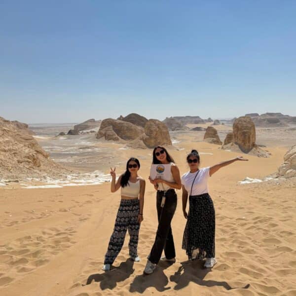 Action shot from inside a 4x4 vehicle during a White Desert tour and desert safari from Cairo
